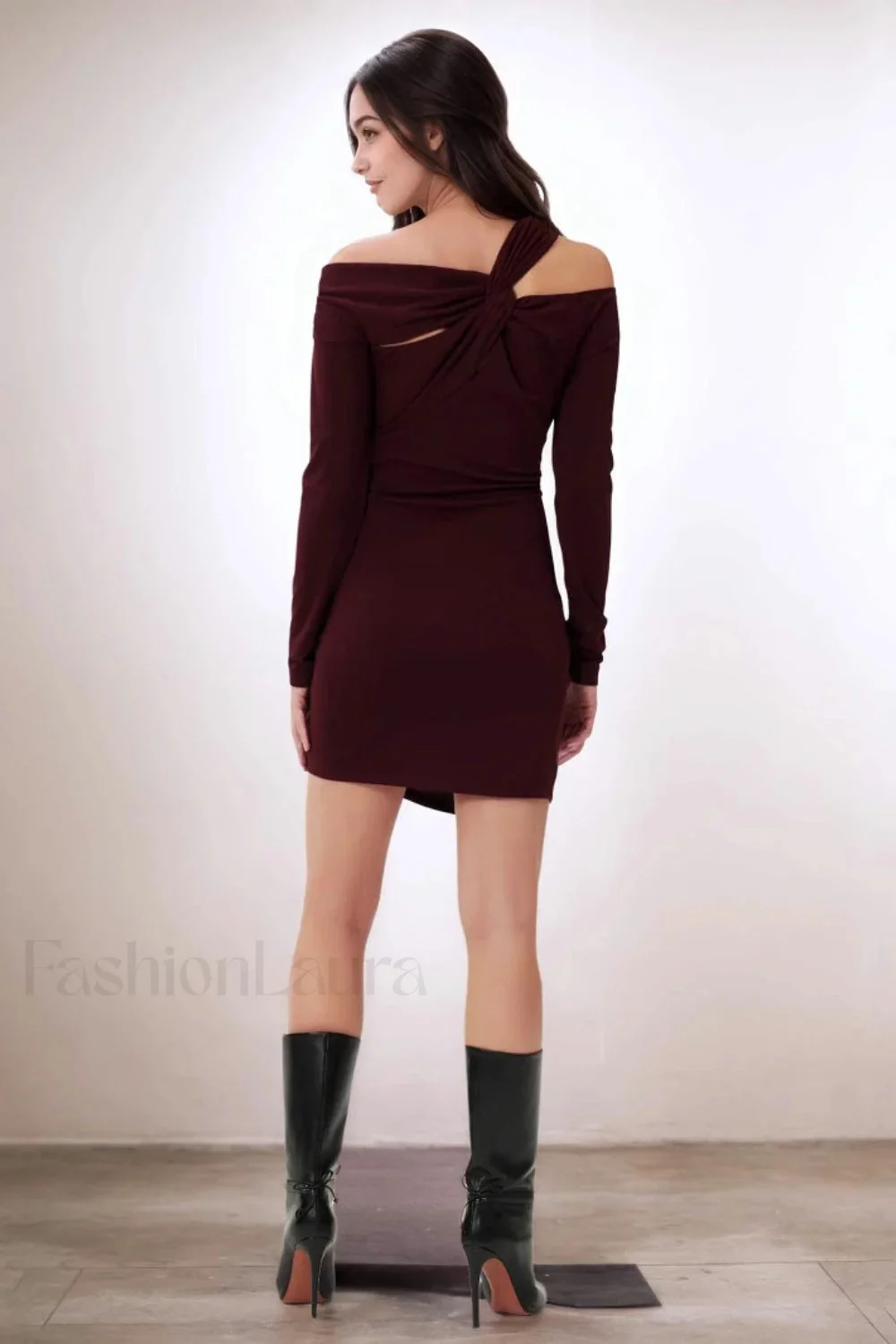 Burgundy Off-Shoulder Knot Long Sleeve Bodycon Work Dress - Image 4