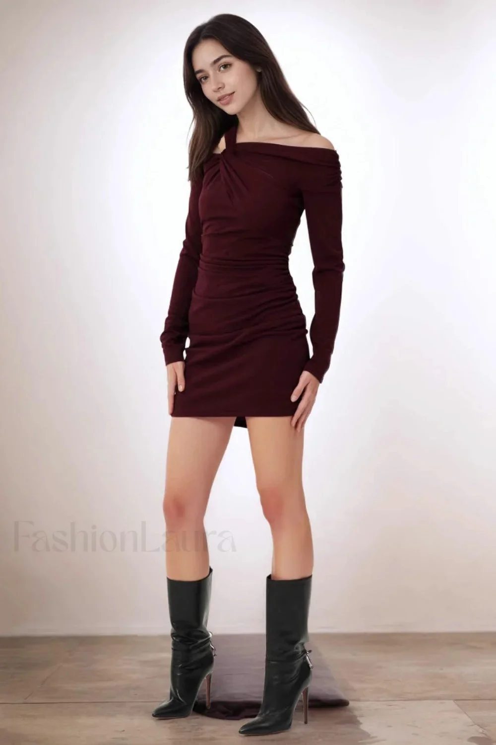 Burgundy Off-Shoulder Knot Long Sleeve Bodycon Work Dress - Image 6