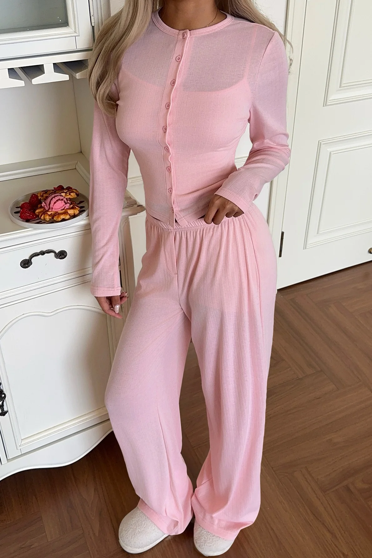 Button Front Cardigan Wide Leg Pants Set - Image 3