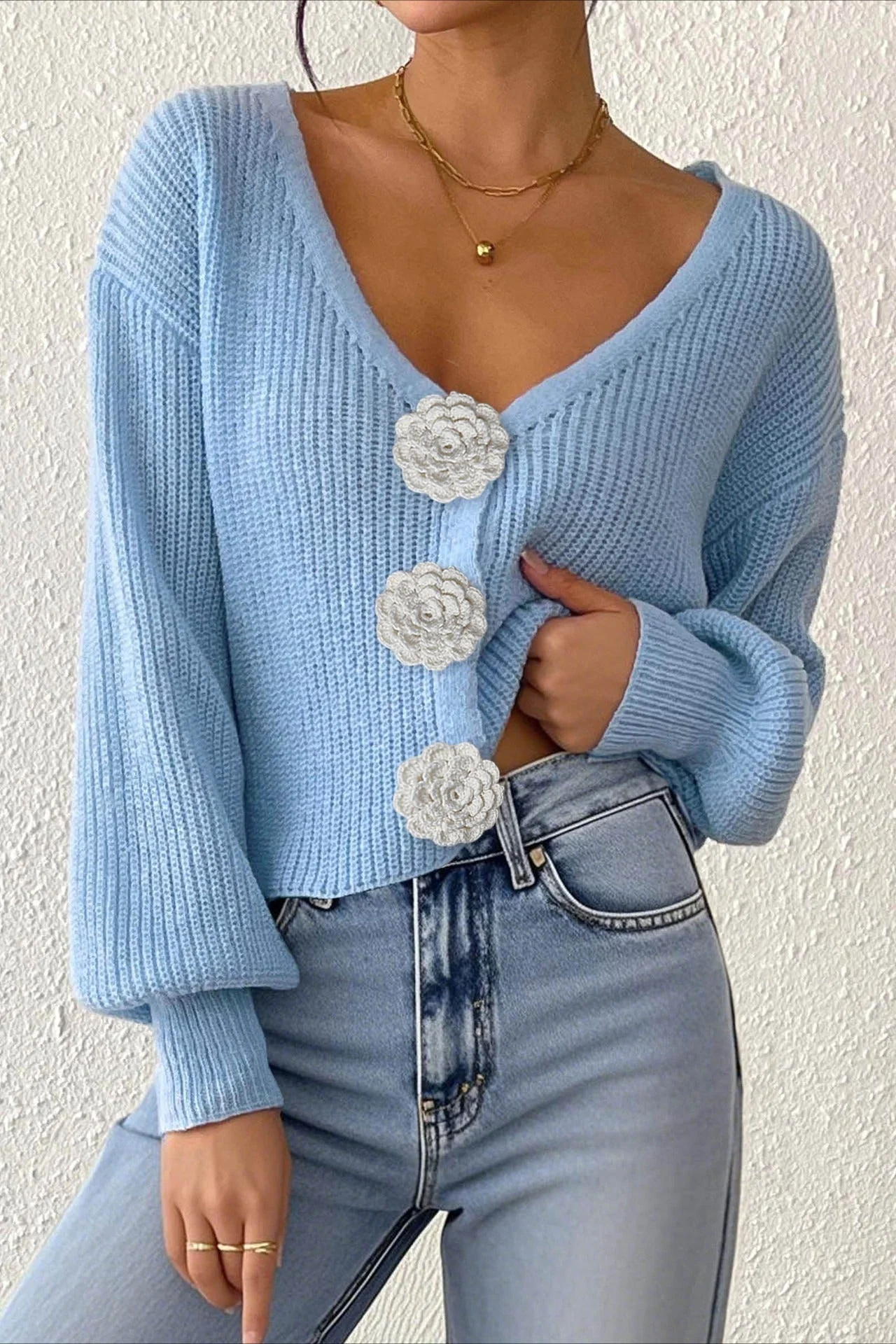 Button Front Crochet Knit Crop Sweater - Image 5