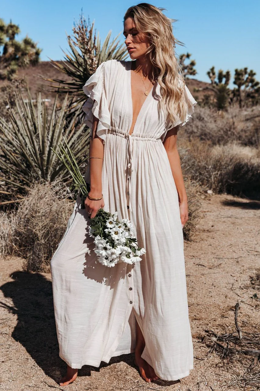 Button Front Drawstring Waist Maxi Boho Dress - Image 8