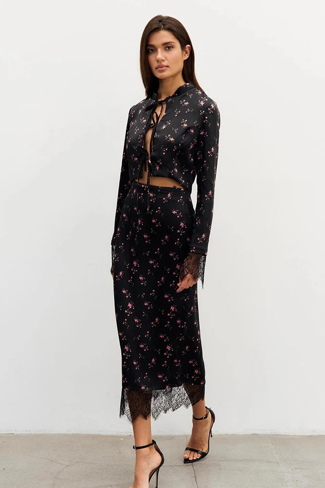 Button Front Floral Long Sleeve Blouse Skirt Set - Image 2