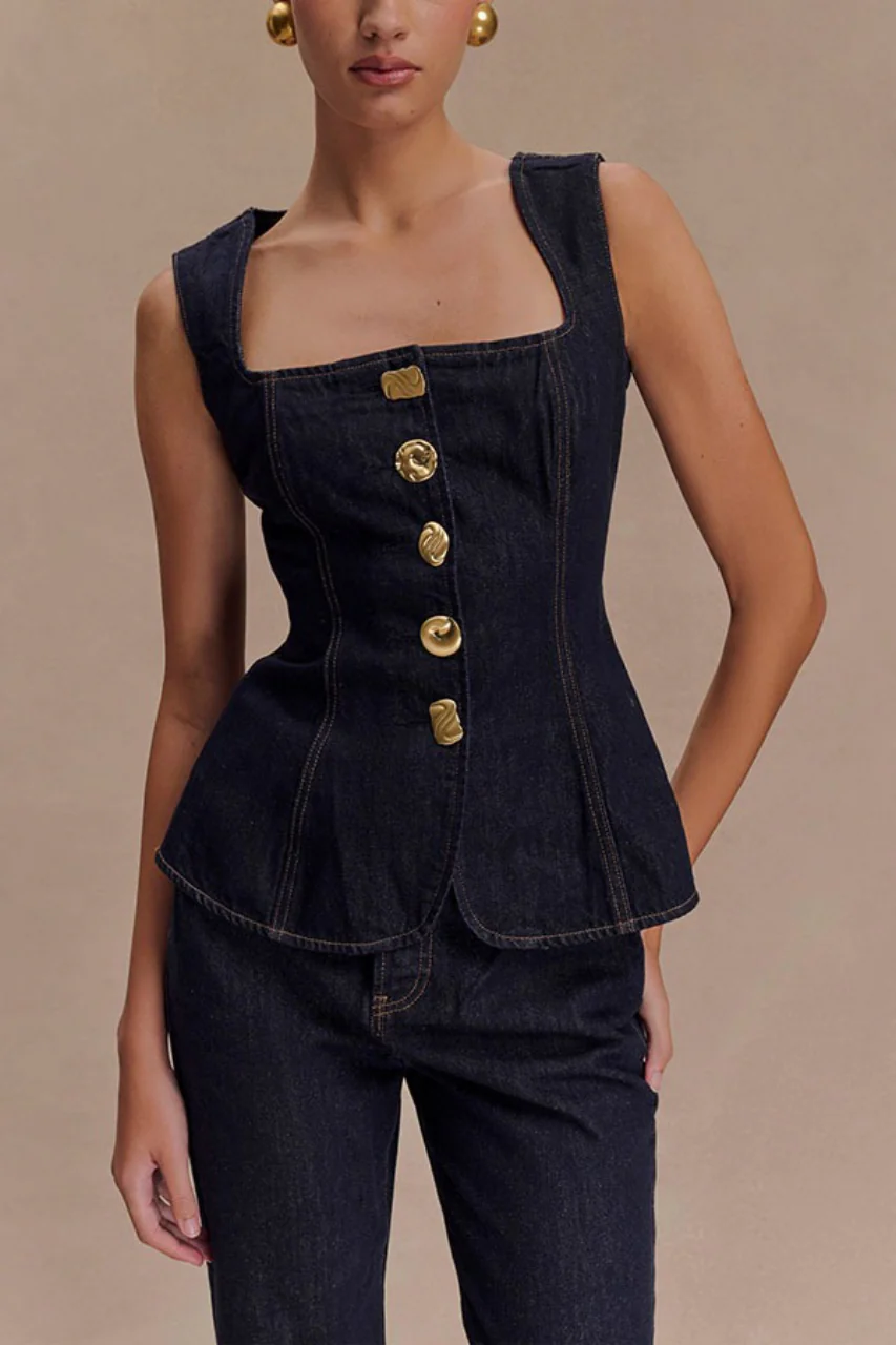 Button Front High Waist Denim Two Piece Vest Pants Set