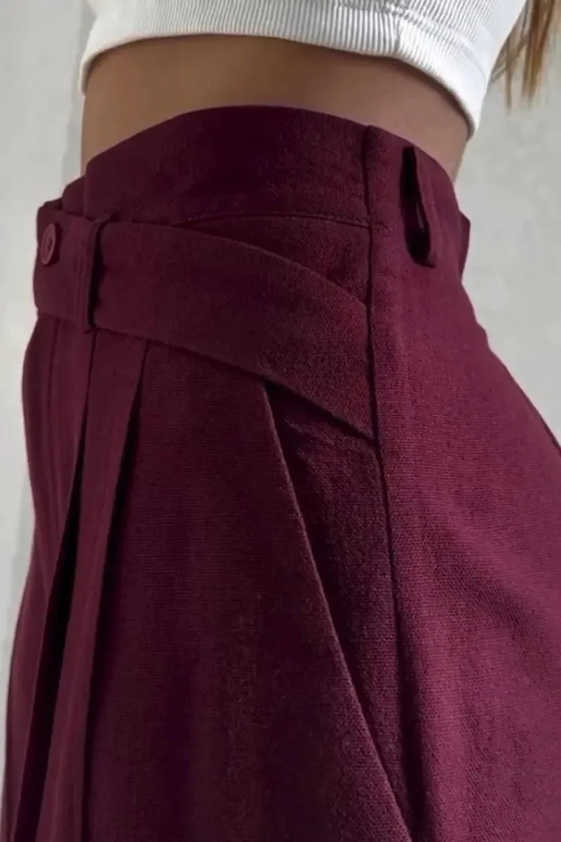 Button High Waist Solid Long Fluid Pants - Image 6
