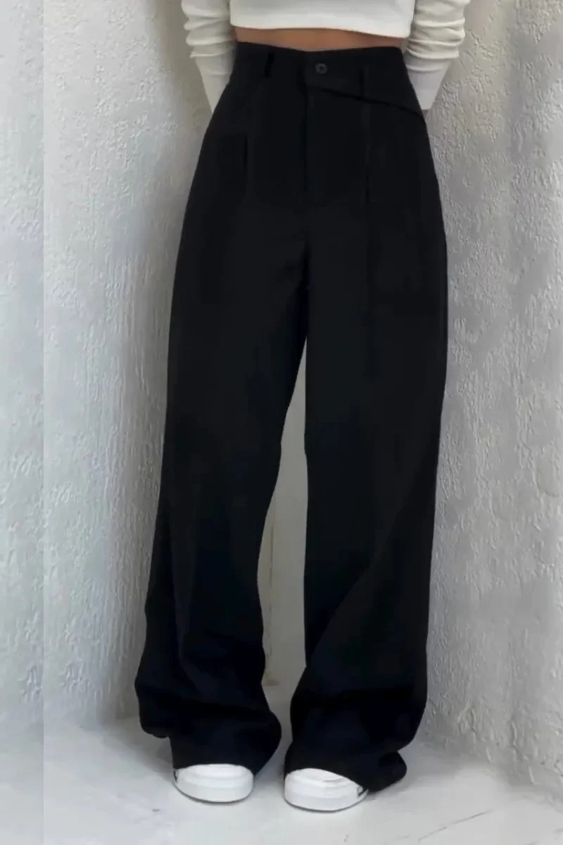 Button High Waist Solid Long Fluid Pants - Image 8