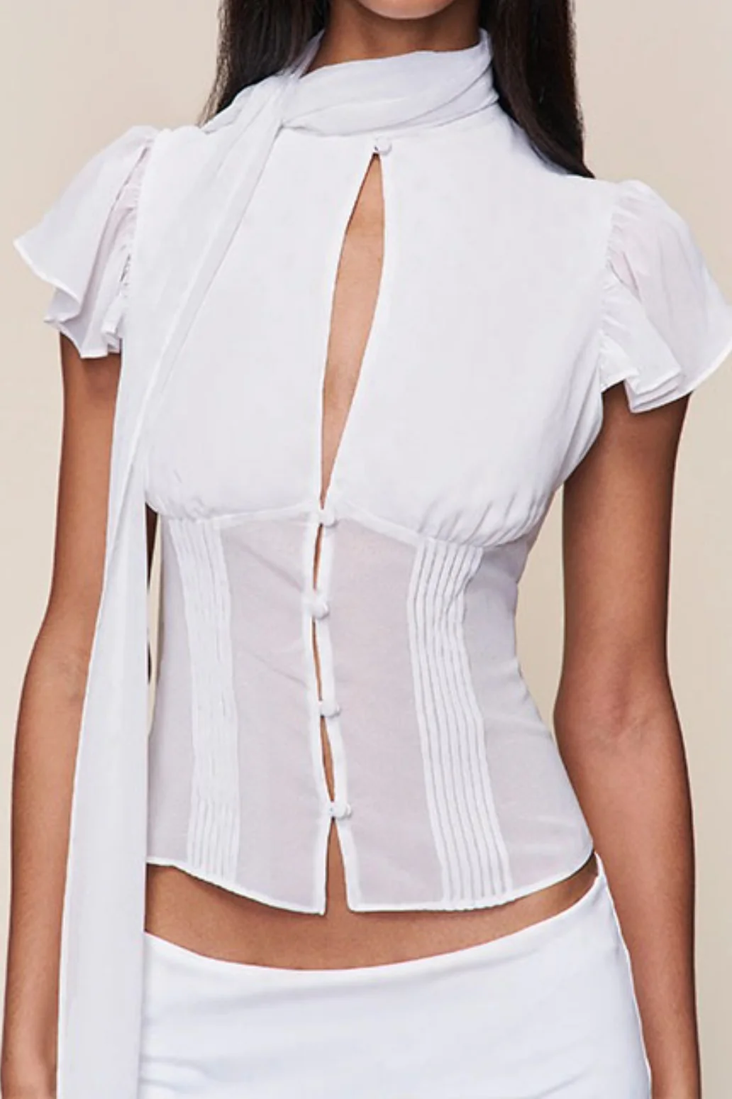 Button Hollow Out Tie Detail Waist Slim Tee - Image 6