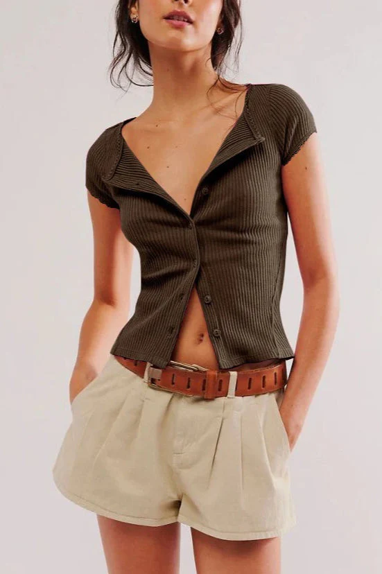 Button Short Sleeve Ribbed Cardigan - Image 9