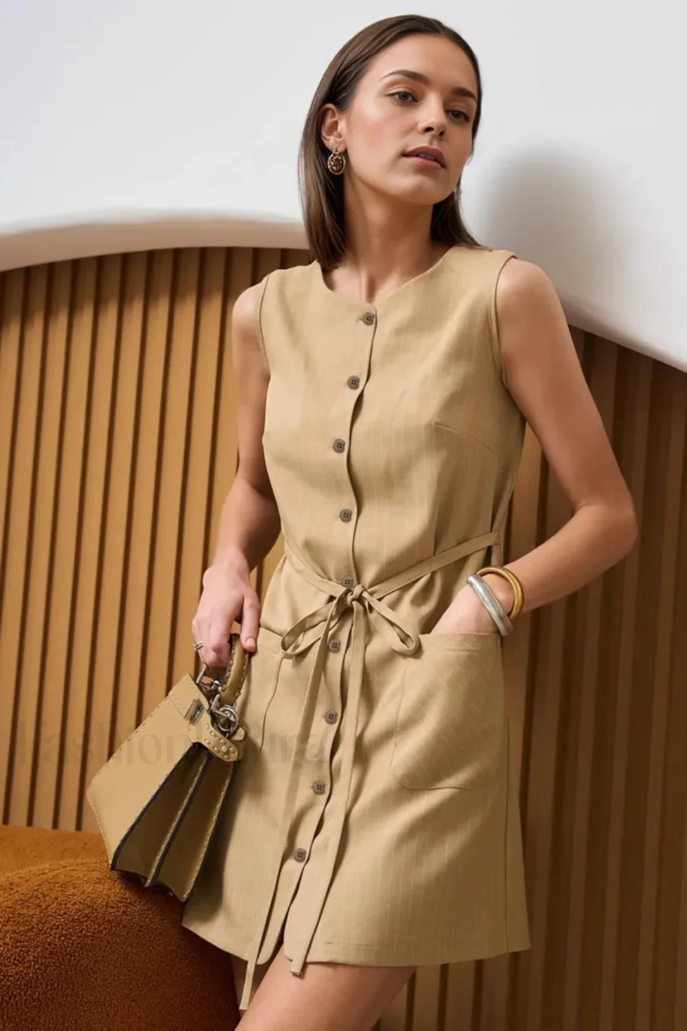 Buttoned Tie Sleeveless Round Neck Work Dress - Image 10