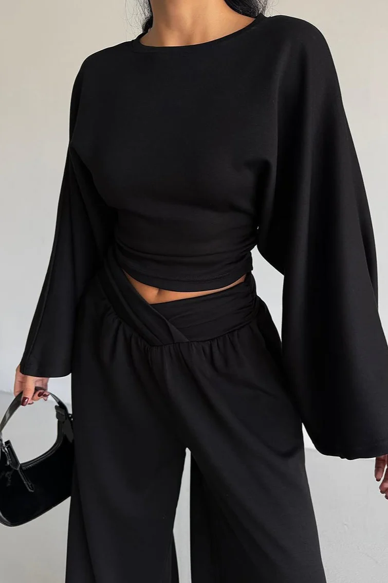 Casual Cinched Waist Flared Sleeve Top Palazzo Pants Set - Image 4