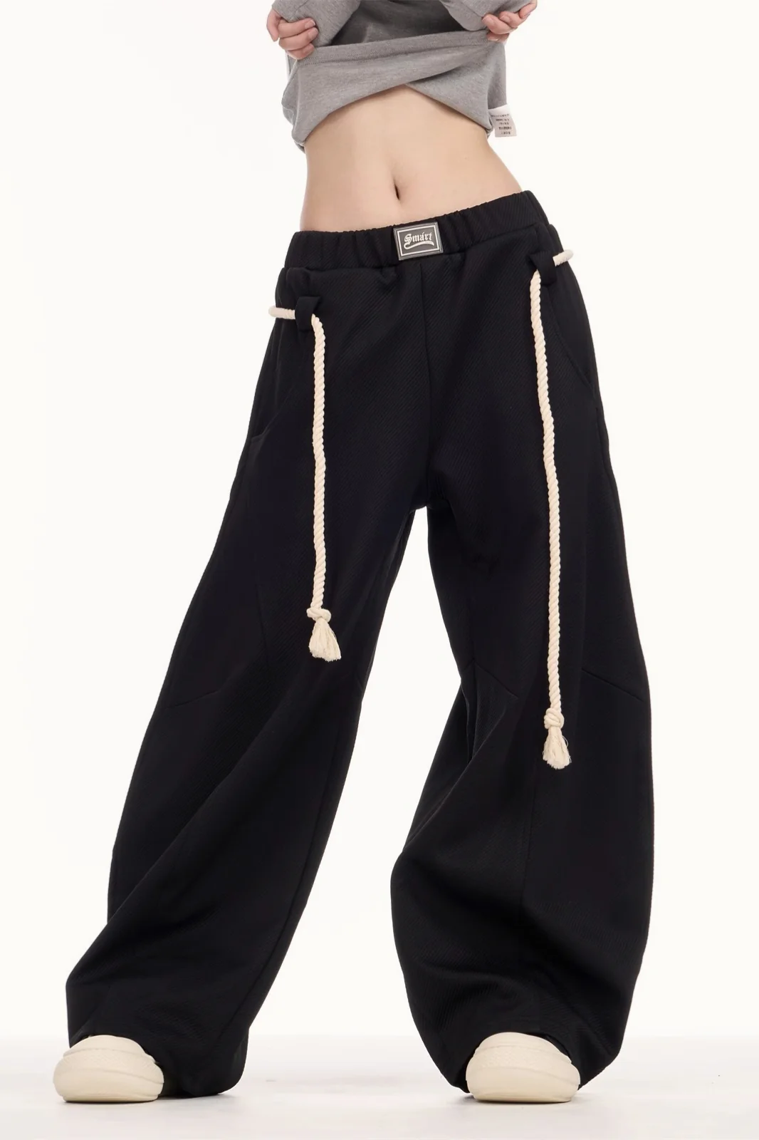 Casual Drawstring Elastic Waist Wide Leg Sweat Pants - Image 5