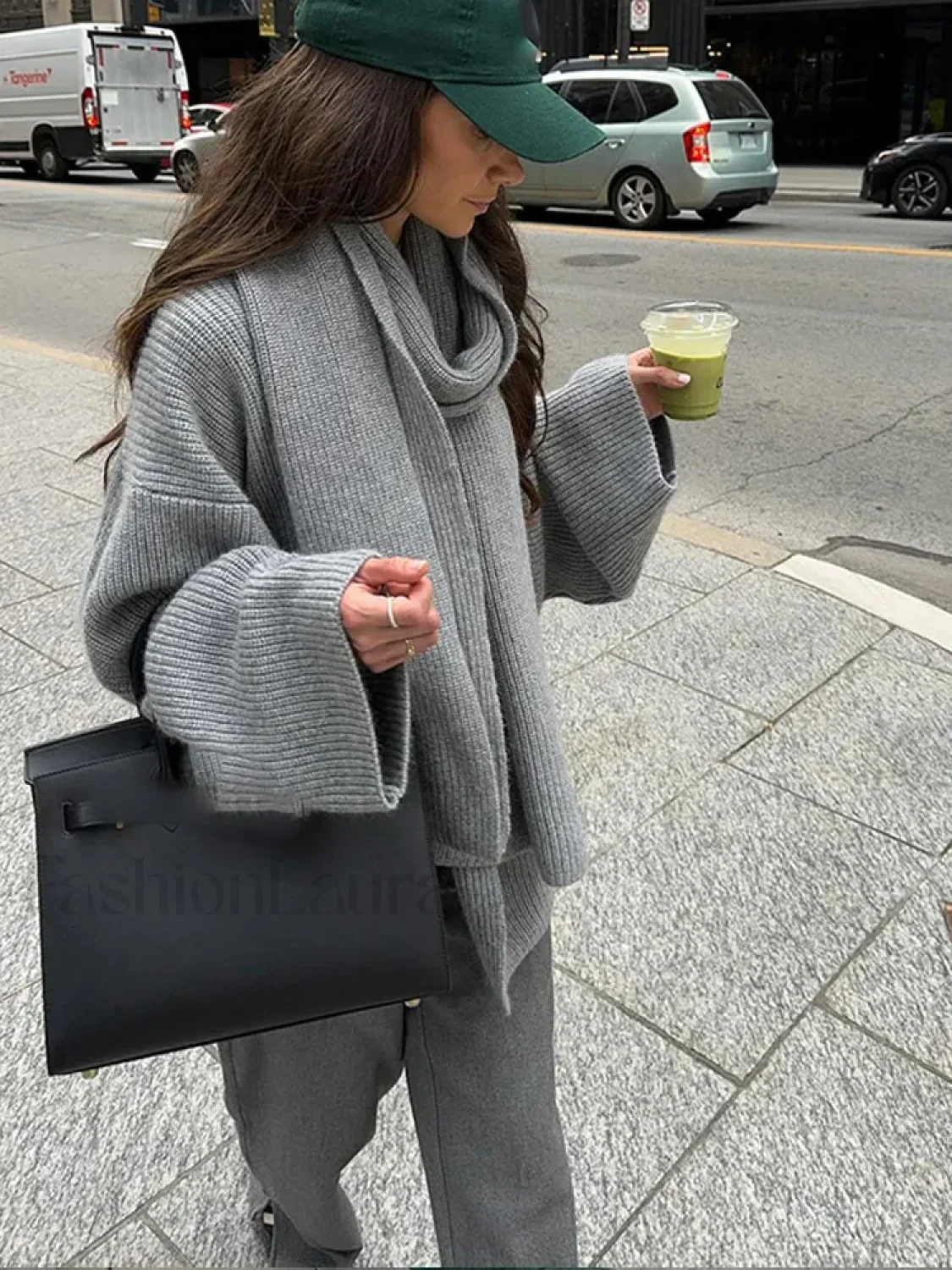 Casual Grey Cropped Oversize Women's Scarf Collar Long Sleeve Knitted Pullover Sweater - Image 4
