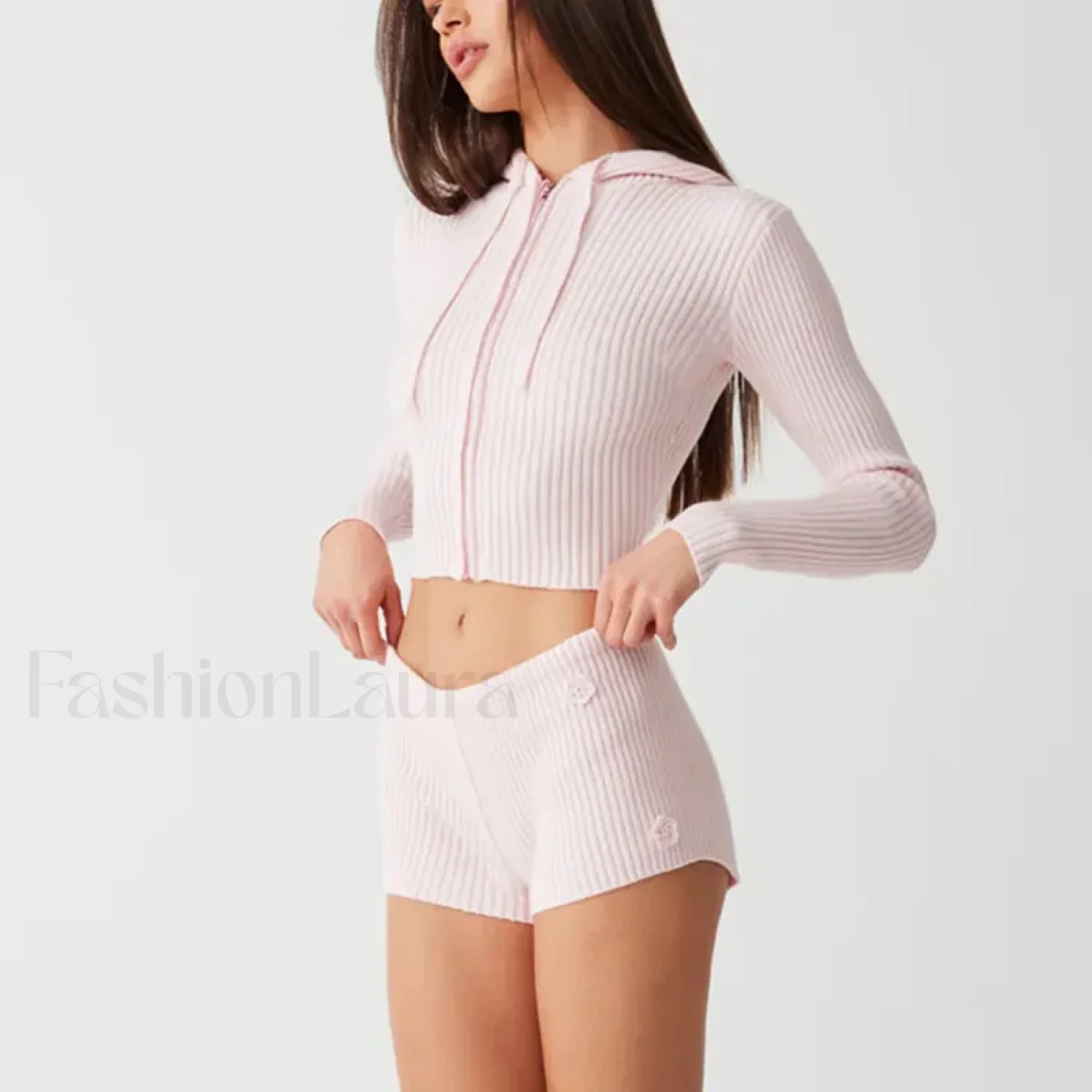 Casual Knit 00s Y2K Zipped Sweater Flower Shorts Two Piece Set - Image 11