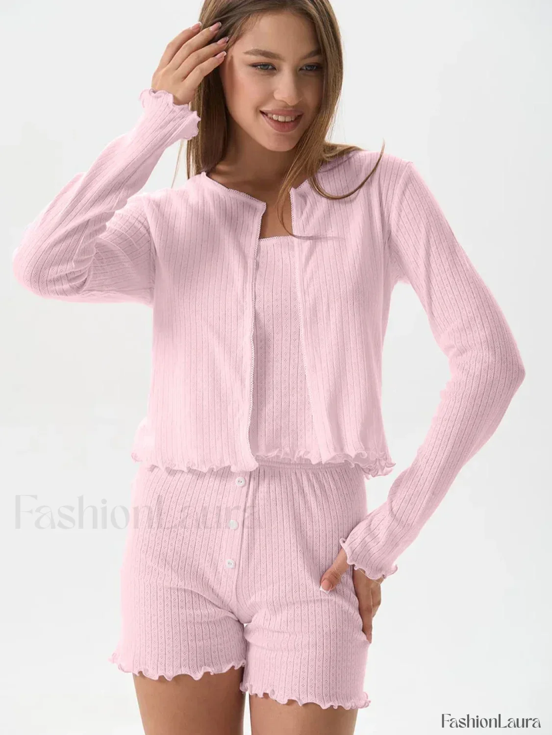 Casual Long Sleeve Robe Shorts Two Piece Set - Image 18