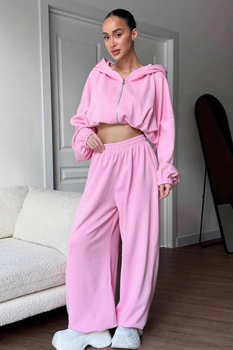Casual Loose Fit Hoodie Cinched Waist Jogger Pants Set - Image 2