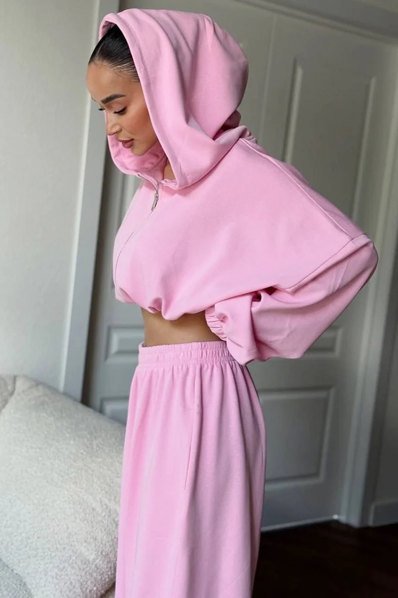 Casual Loose Fit Hoodie Cinched Waist Jogger Pants Set - Image 3