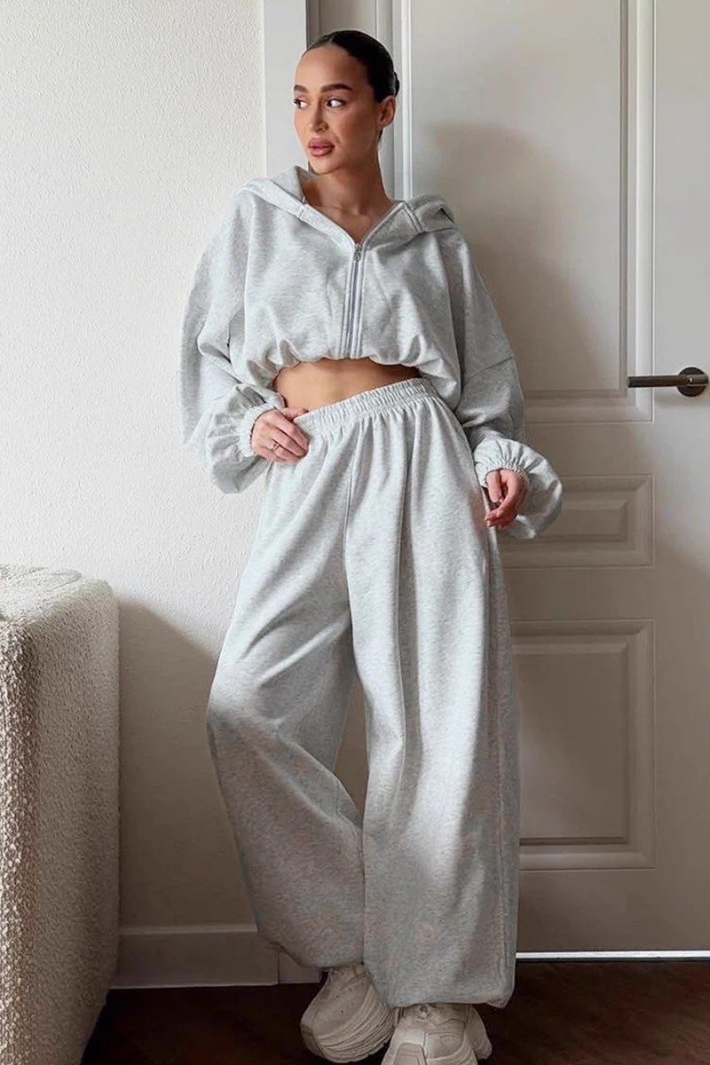 Casual Loose Fit Hoodie Cinched Waist Jogger Pants Set - Image 5