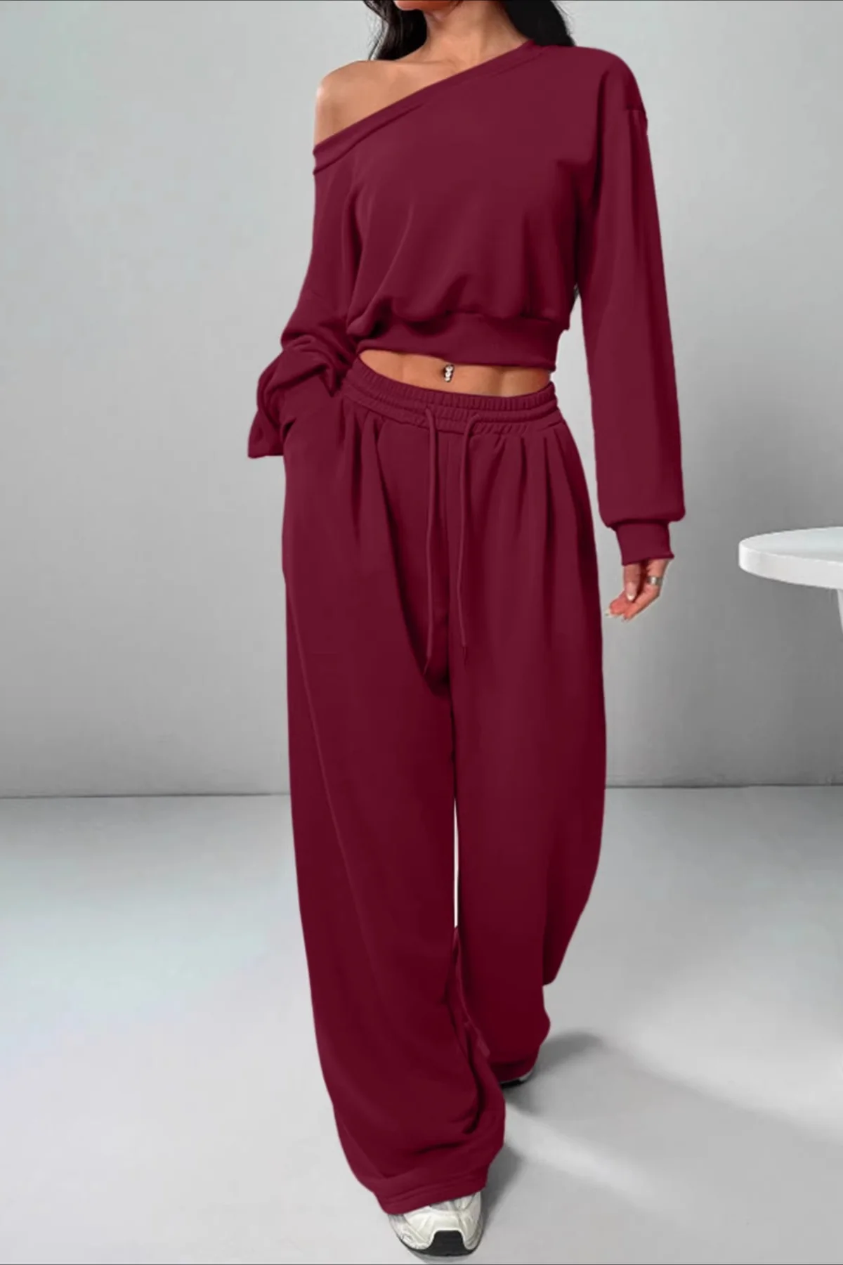 Casual Ribbed Off Shoulder Crop Sweatshirt Pants Set