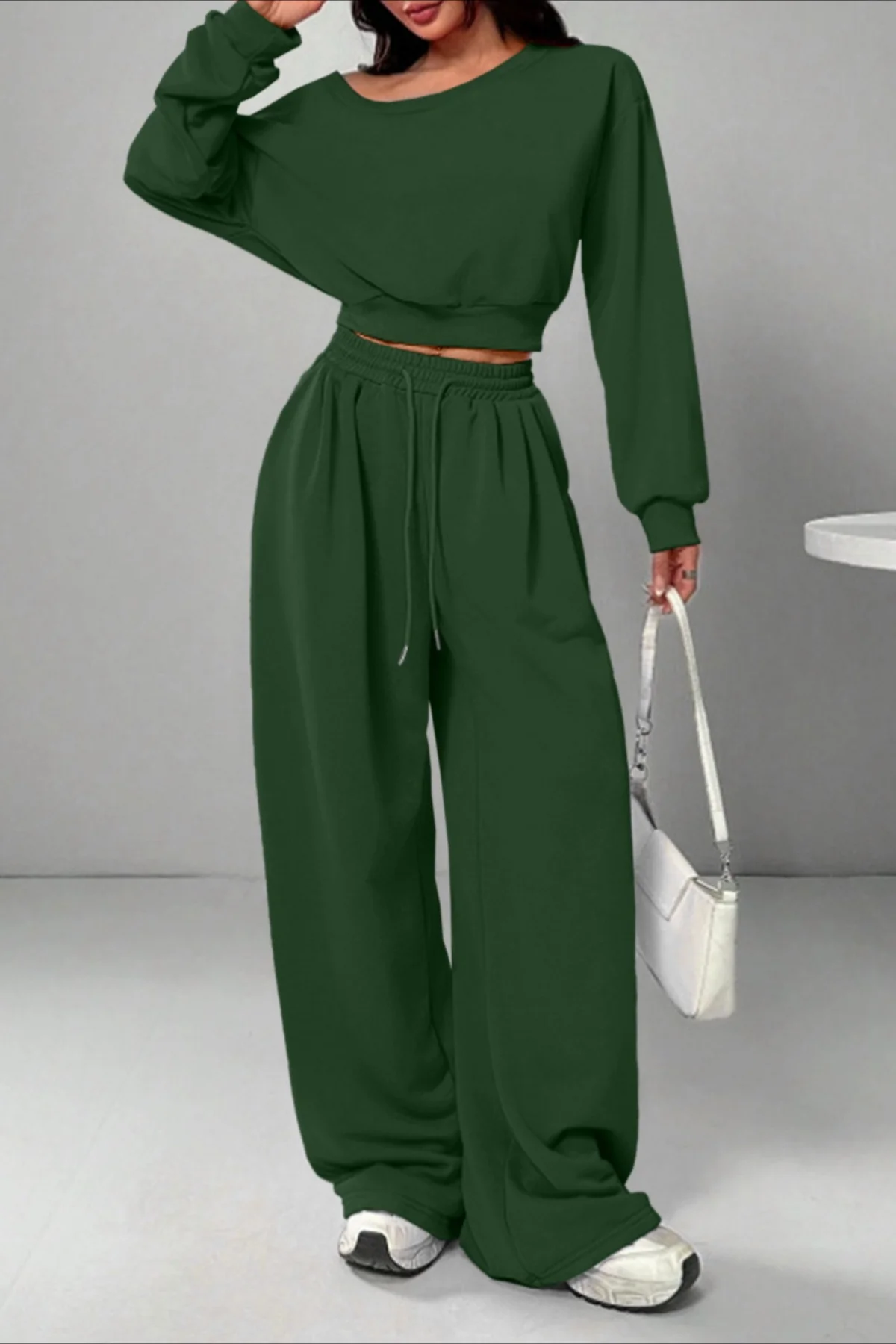 Casual Ribbed Off Shoulder Crop Sweatshirt Pants Set - Image 6