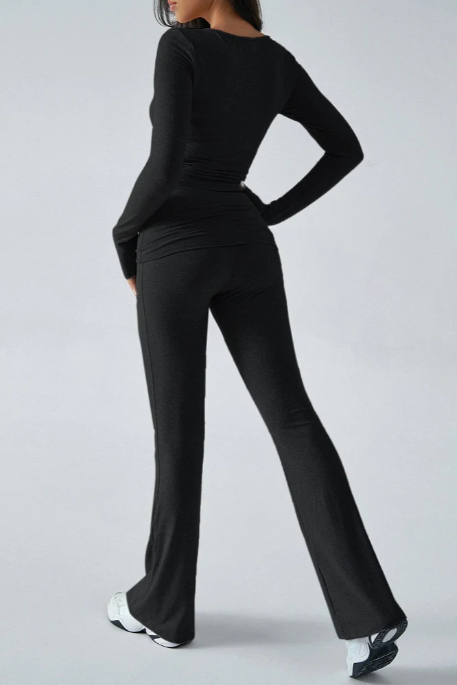 Casual Slim Fit Knit Long Sleeve Top Straight Leg Pants Set - Image 14