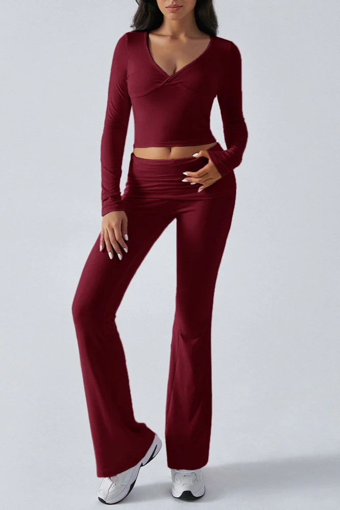 Casual Slim Fit Knit Long Sleeve Top Straight Leg Pants Set - Image 2