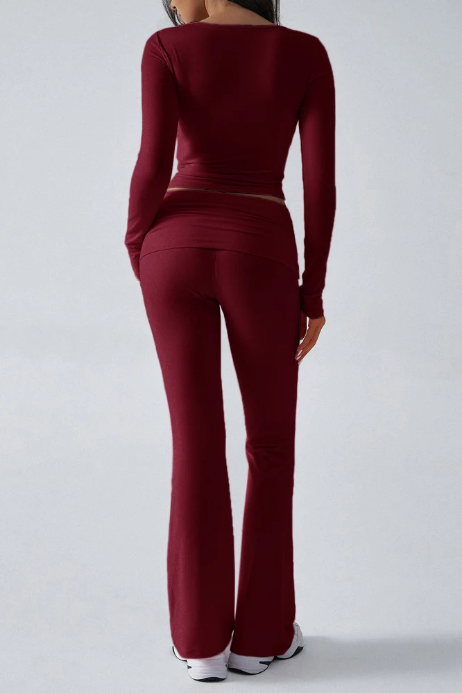 Casual Slim Fit Knit Long Sleeve Top Straight Leg Pants Set - Image 3