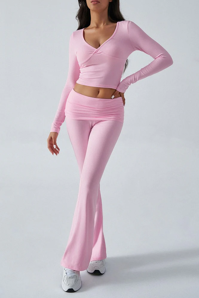 Casual Slim Fit Knit Long Sleeve Top Straight Leg Pants Set - Image 4