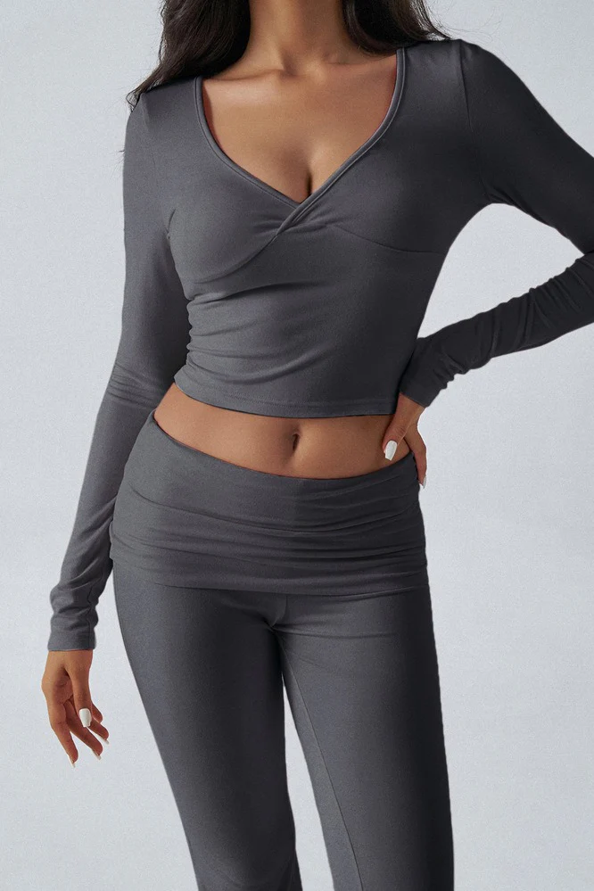 Casual Slim Fit Knit Long Sleeve Top Straight Leg Pants Set - Image 8