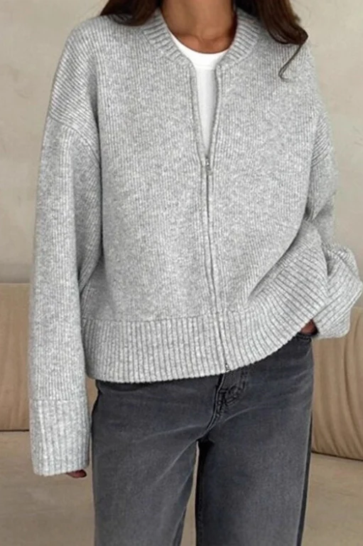 Casual Solid Color Zip-Up Loose Fit Knit Sweater - Image 2