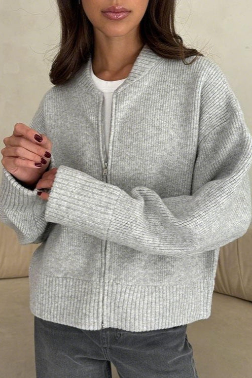 Casual Solid Color Zip-Up Loose Fit Knit Sweater - Image 3
