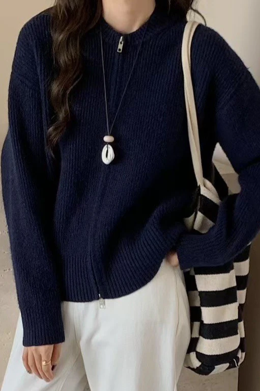 Casual Solid Color Zip-Up Loose Fit Knit Sweater - Image 7