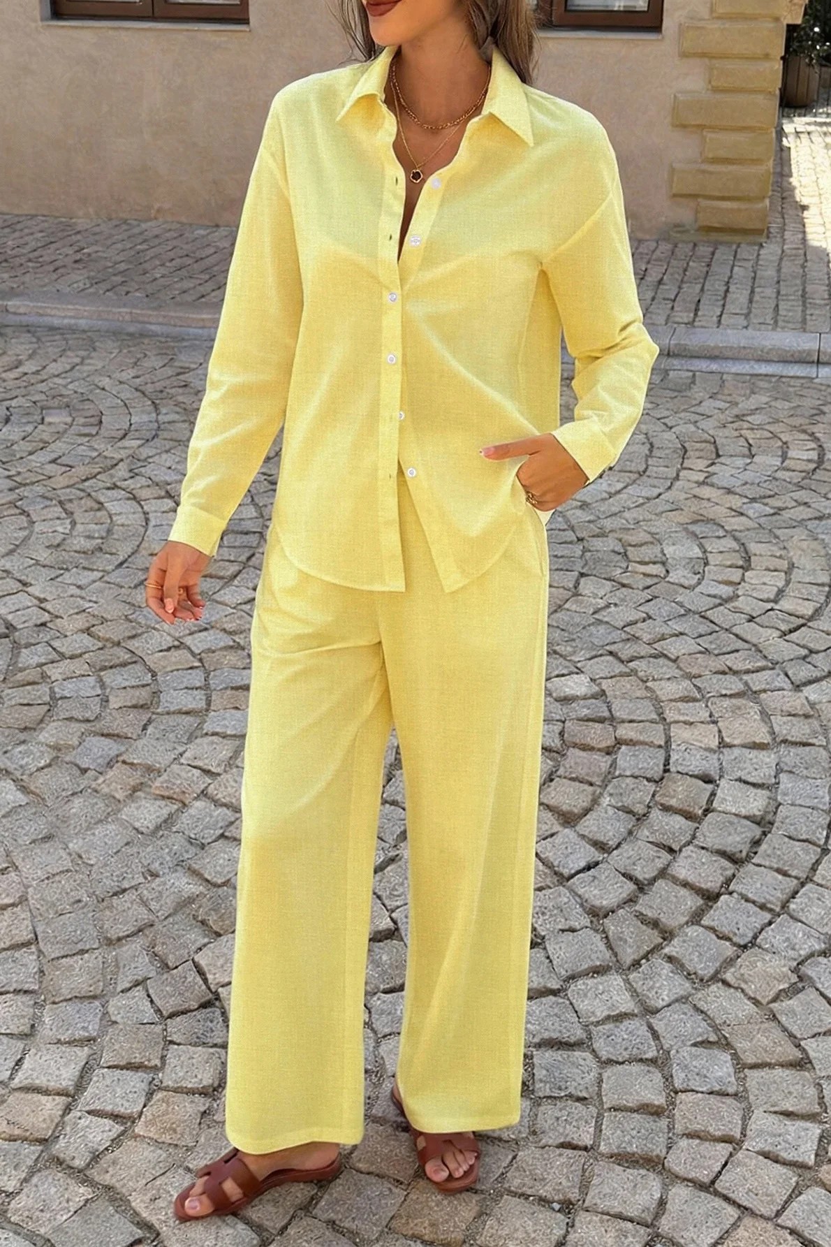 Casual Solid Long Sleeve Shirt Pants Set - Image 8