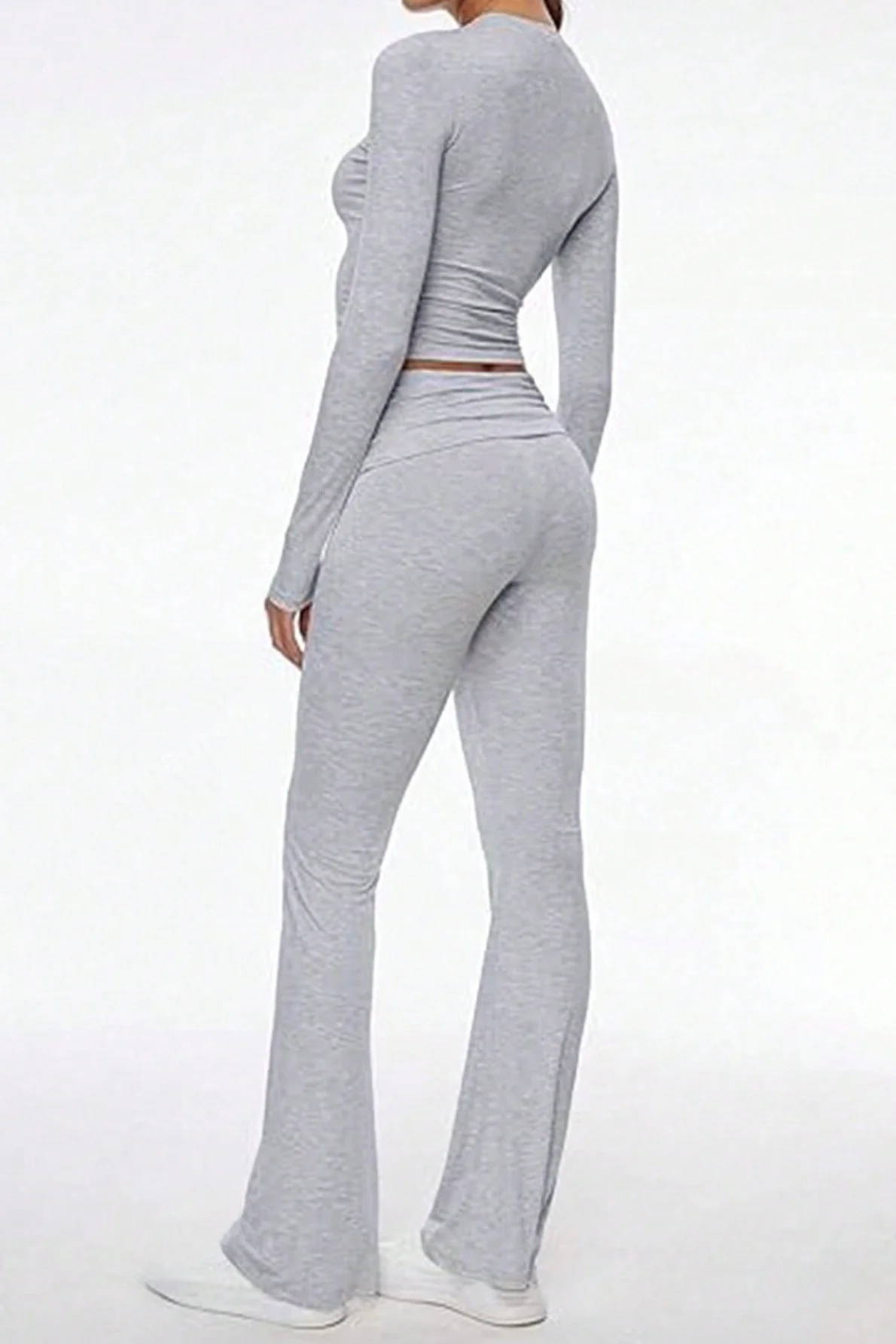 Casual V Neck Flared Stretch Two Piece Pants Set - Image 3