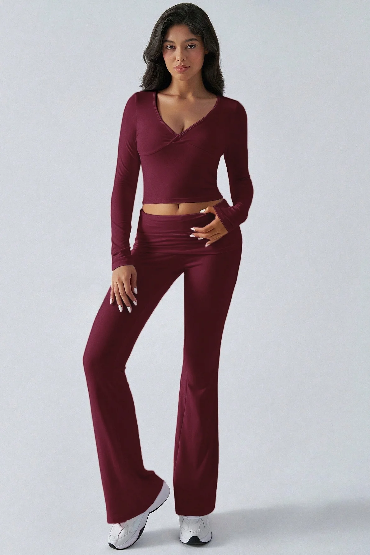 Casual V Neck Flared Stretch Two Piece Pants Set - Image 8