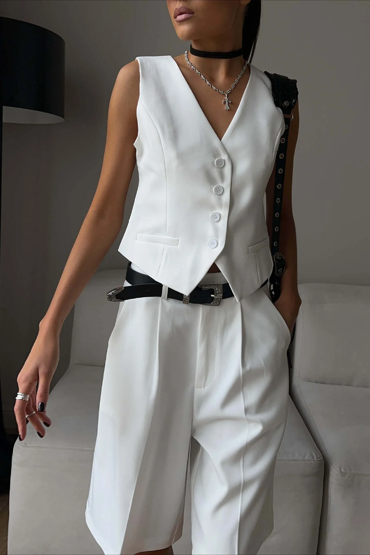 Casual V Neck Single Breasted Two Piece Vest Shorts Set - Image 3