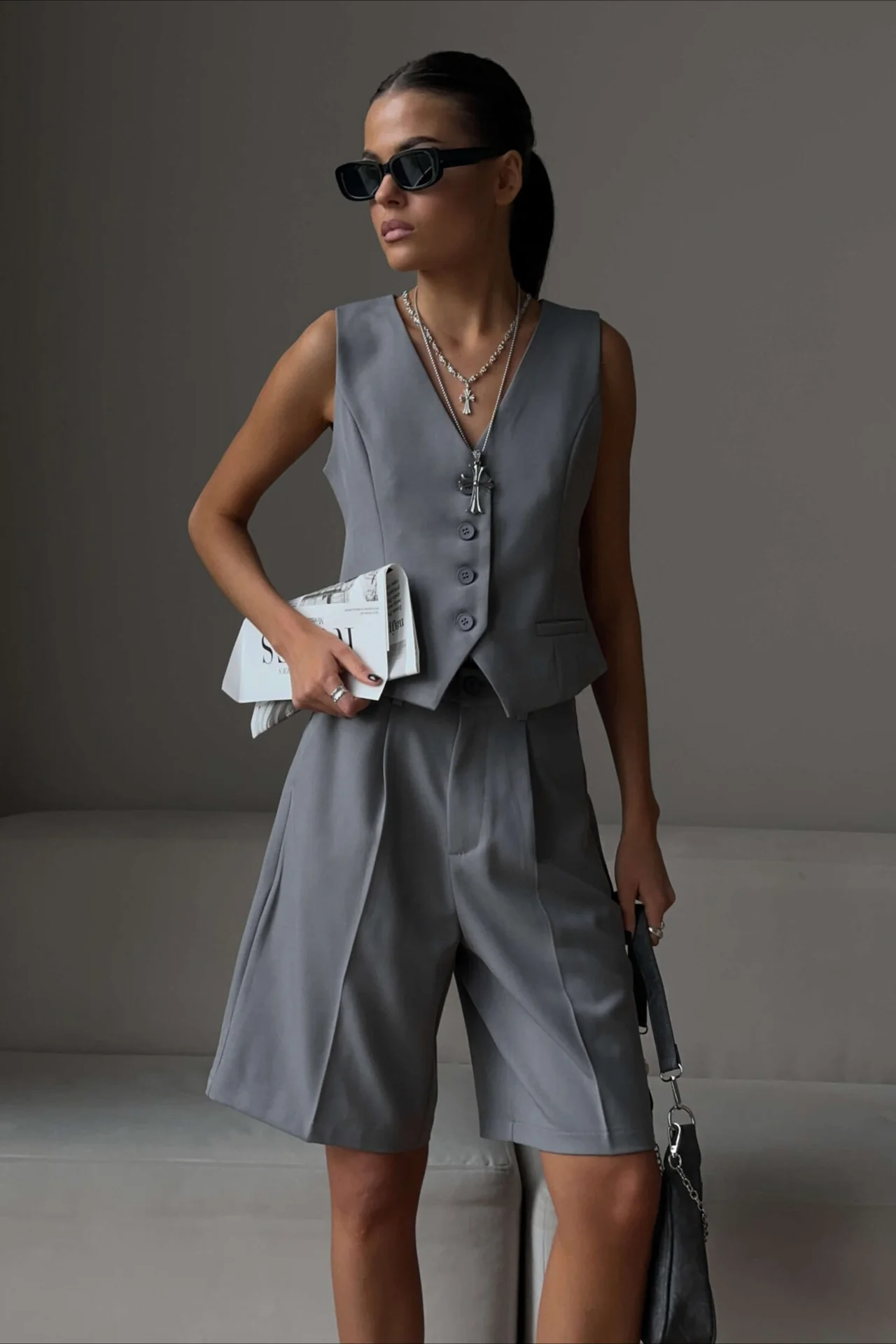 Casual V Neck Single Breasted Two Piece Vest Shorts Set - Image 5