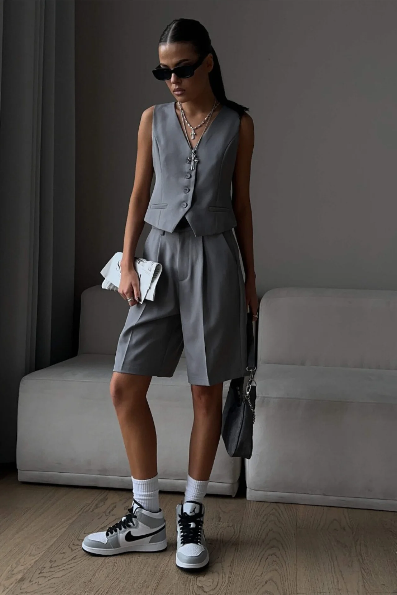 Casual V Neck Single Breasted Two Piece Vest Shorts Set - Image 8