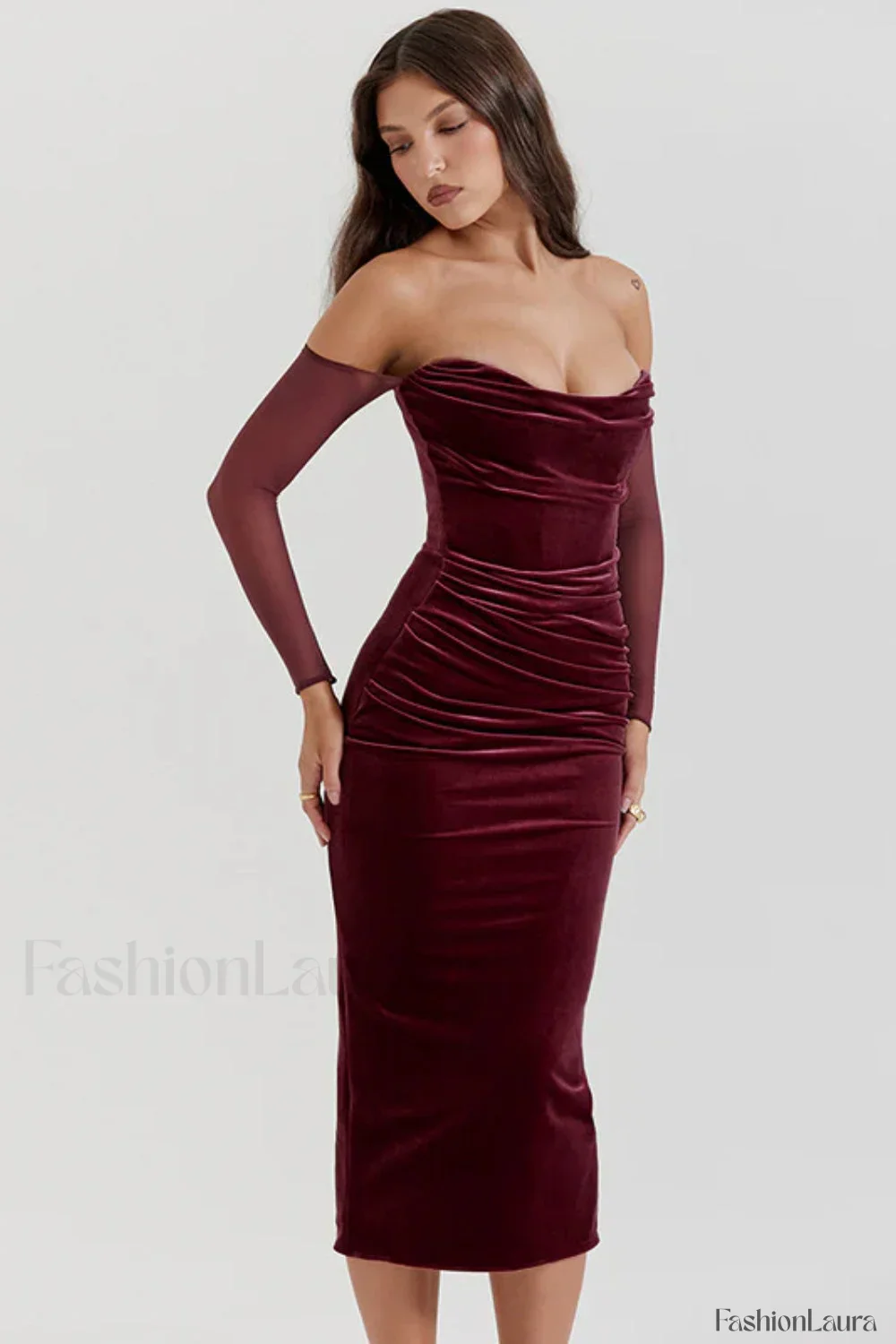 Celebrity Temperament Sexy Suede Shrinkle Shoulder Maxi Dress - Image 7