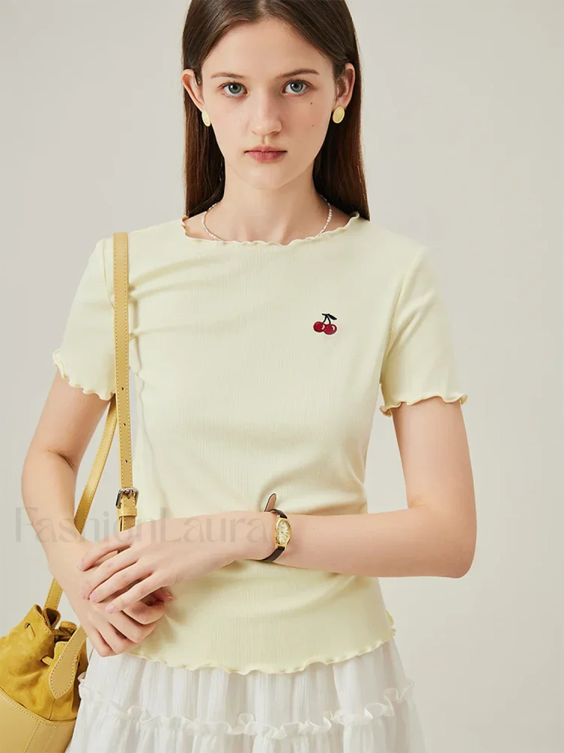 Cherry Embroidered Ruffled Knit T-Shirt - Image 2