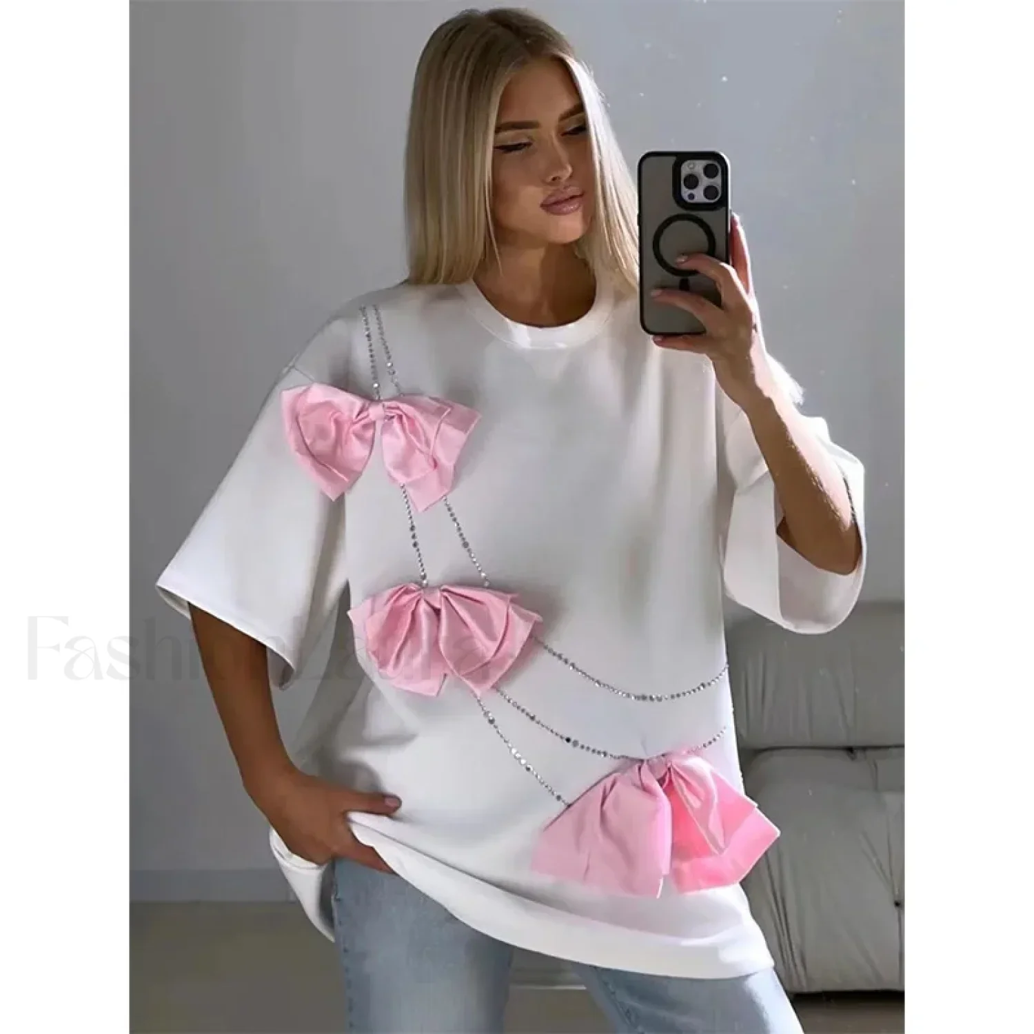 Chic Bow Decoration Cotton T-Shirt - Image 3