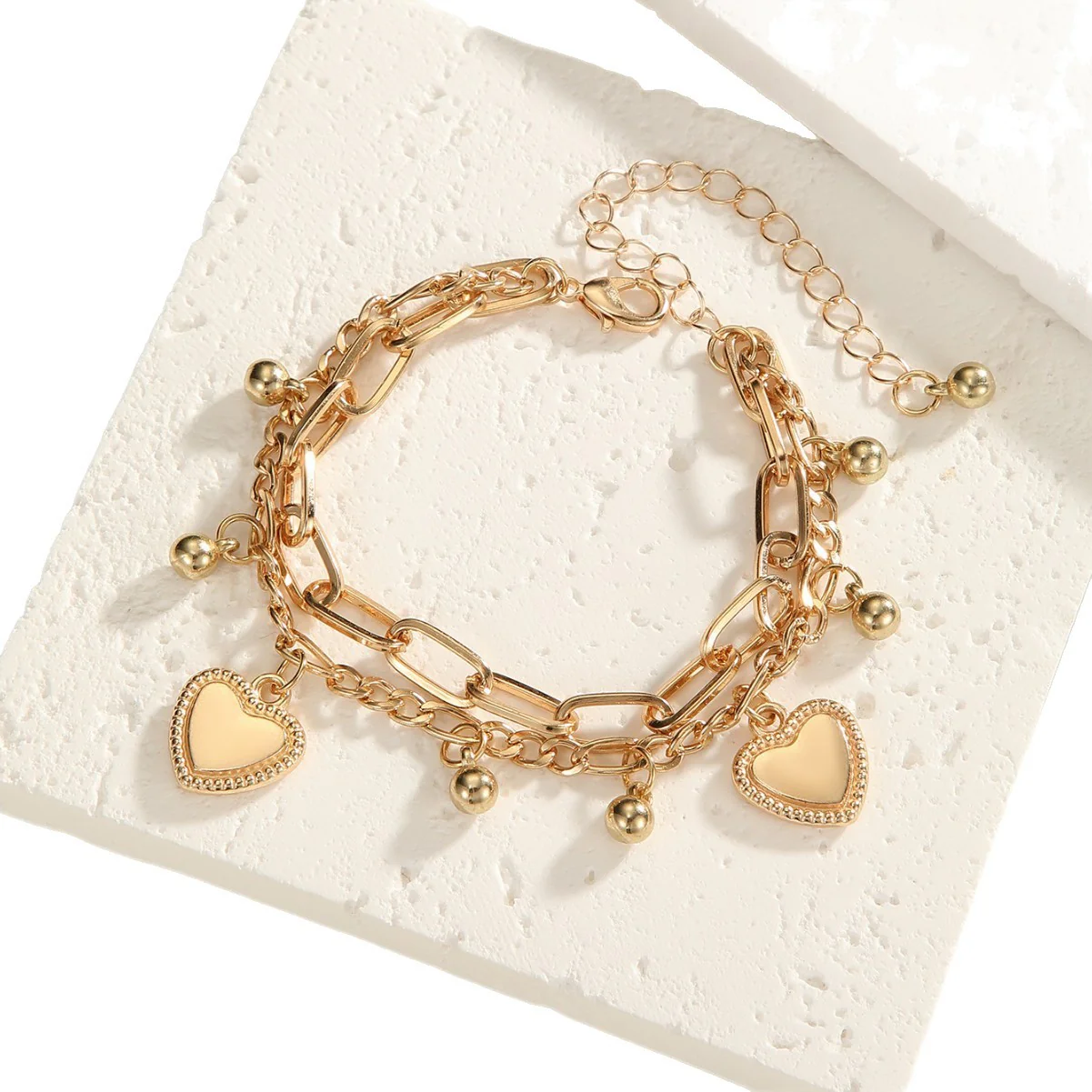 Chic Hip Hop Heart Double Layer Stackable Chain Bracelet - Image 2