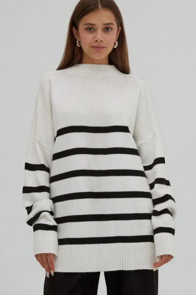 Minimalist Loose Color Block Striped Knit Sweater - Image 4