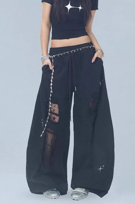Ripped Lace Patchwork Relaxed Jeans - Image 8