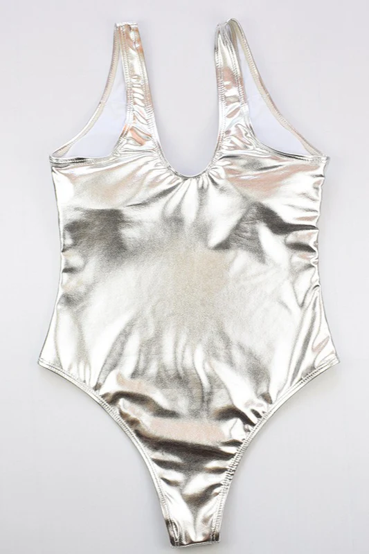 Chic Solid Foil Detail One Piece Swimwear - Image 5