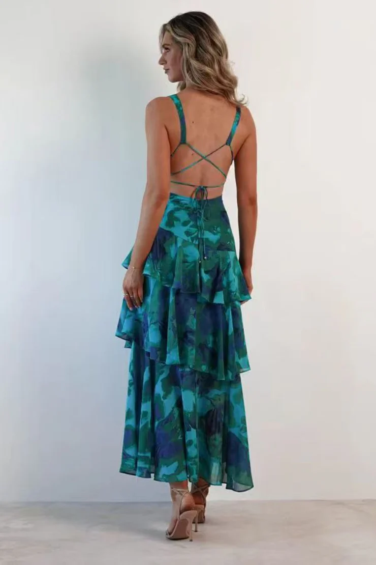 Chiffon Halter Slim Ruffle Maxi Floral Dress - Image 2
