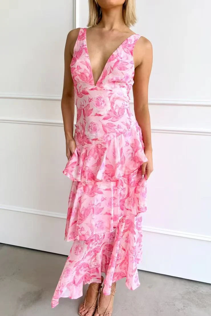 Chiffon Halter Slim Ruffle Maxi Floral Dress - Image 4