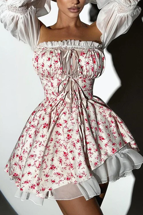 Chiffon Patchwork Strapless A Line Floral Dress - Image 4