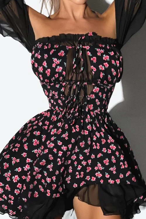 Chiffon Patchwork Strapless A Line Floral Dress - Image 8