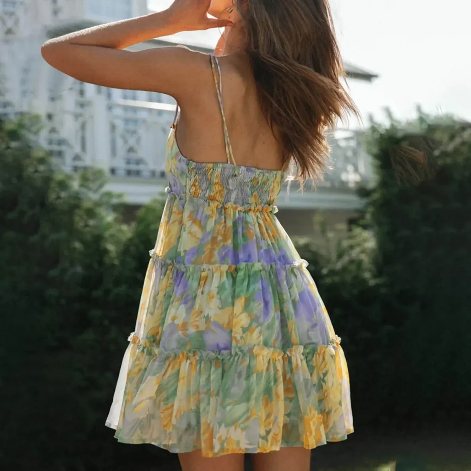 Chiffon Strappy Ruffled Floral Dress - Image 3