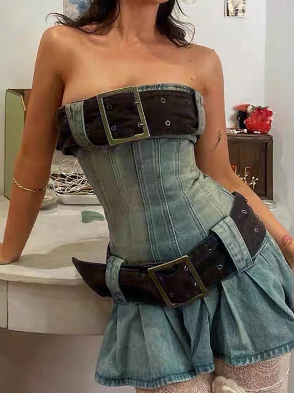 Chunky Belted Strapless Denim Mini Dress - Image 12