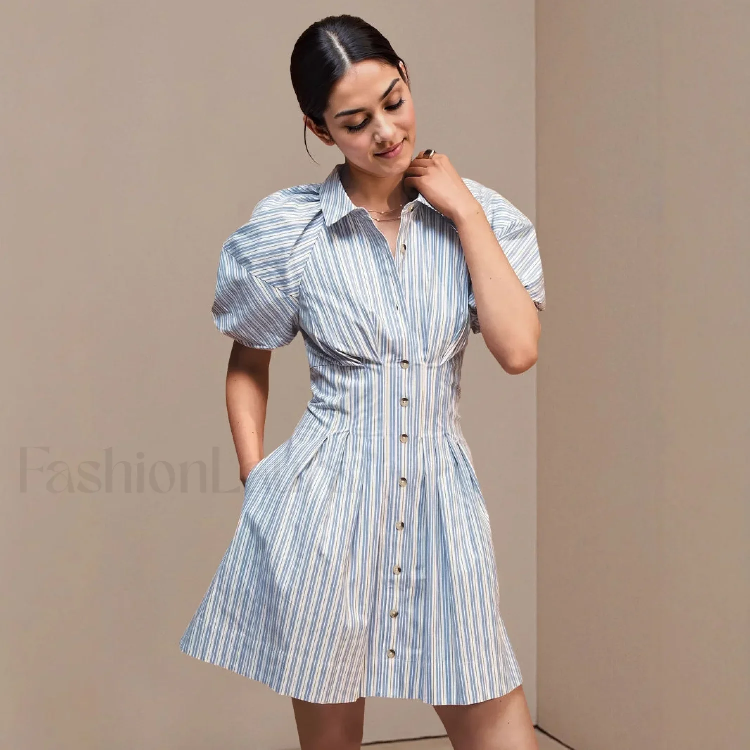 Collared Striped Shirt Button-Front Work Skirt - Image 4